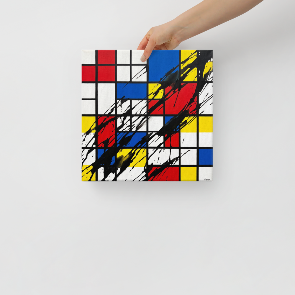 Abstract Mondrian primary color grid disrupted by dramatic diagonal black paint splashes, perfect wall art for a modern living room or studio. 'Disrupted Neoplasticism', a De Stijl (also known as Neoplasticism) print for the wall.
