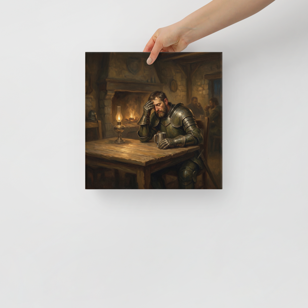 'The Weary Knight' by Meron. Atmospheric oil painting of a knight in armor brooding at a warm tavern table for den wall art. A Realism wall art print.