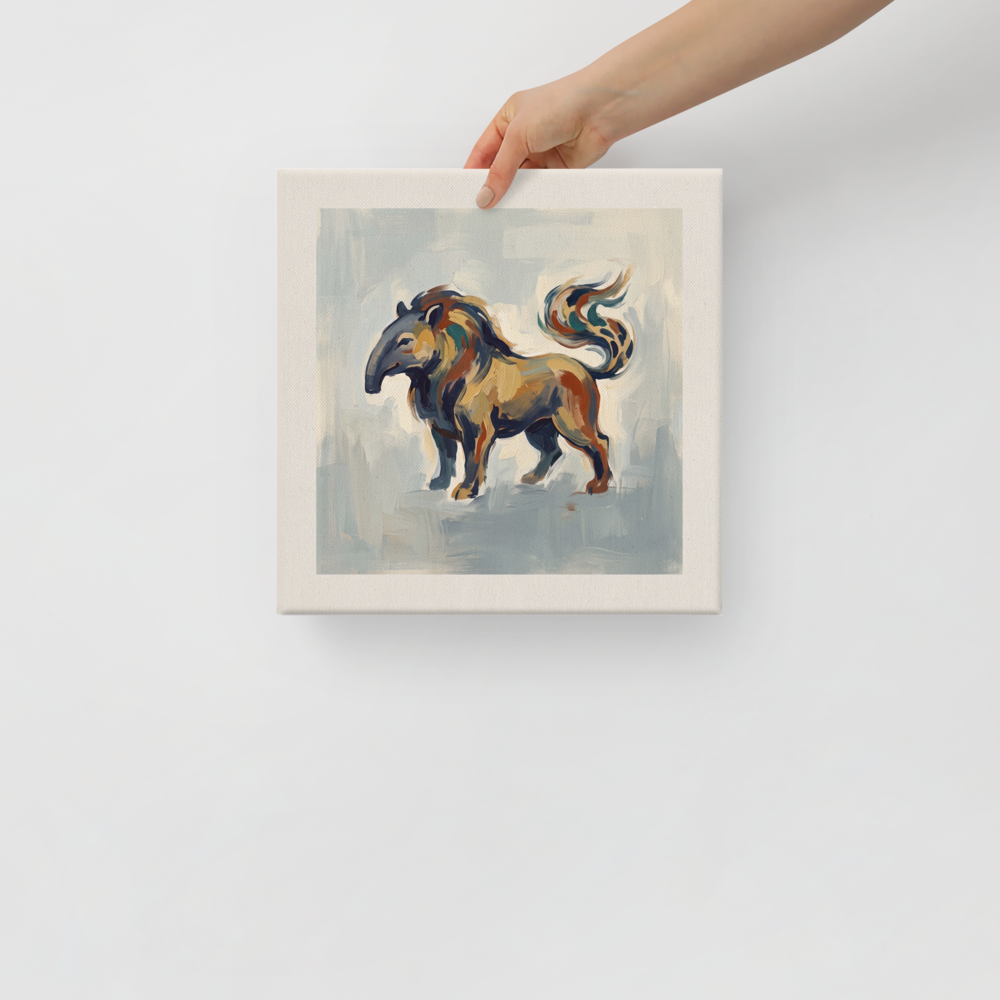 Fine art print 'Baku the Dream Eater' in a Folk art style. An expressive painting of the mythical Japanese Baku spirit in an entryway, with warm ochre and slate blue brushwork.