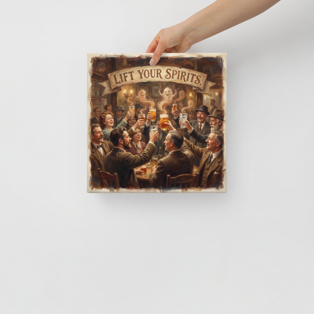 'Lift Your Spirits' by Meron. A warm oil painting of pub patrons raising beer glasses with playful ghosts rising from the foam, ideal home bar wall art. A Realism wall art print.