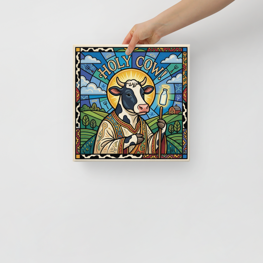Stained glass style portrait of a haloed cow holding a bottle of milk under Holy Cow text for kitchen wall art. A Pop art print with a digital art look, titled 'Holy Cow!'.