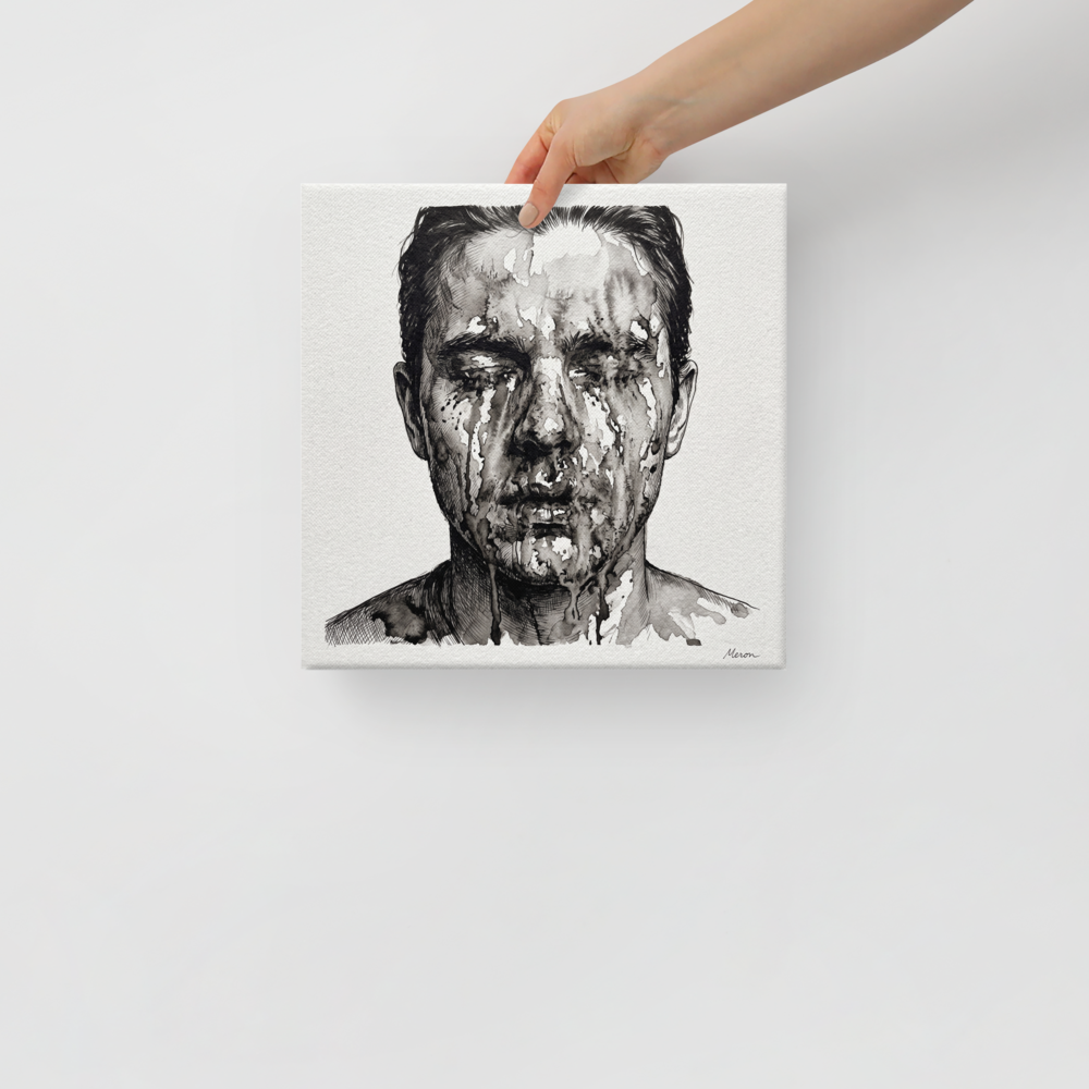 A brooding Expressionism print, 'Dissolving Gaze'. Dramatic monochrome ink wash portrait of a man's face dissolving with black ink drips on textured paper, perfect for a studio or bedroom wall.