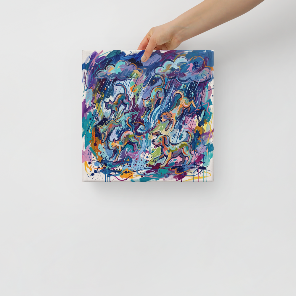 The Expressionism print 'Raining Cats and Dogs'. A vibrant abstract expressionist painting depicting cats and dogs falling through colorful rain clouds, ideal living room wall art.