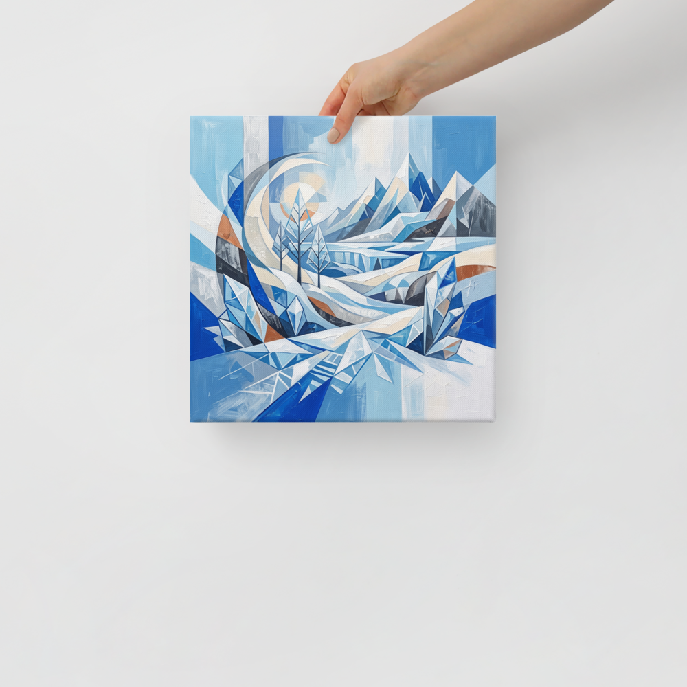 Crystal Cubism wall art exploring landscape, 'Crystalline Alpine Haven'. A geometric Crystal Cubism winter landscape print displaying angular mountains and frozen pine trees, perfect for a modern Living Room.