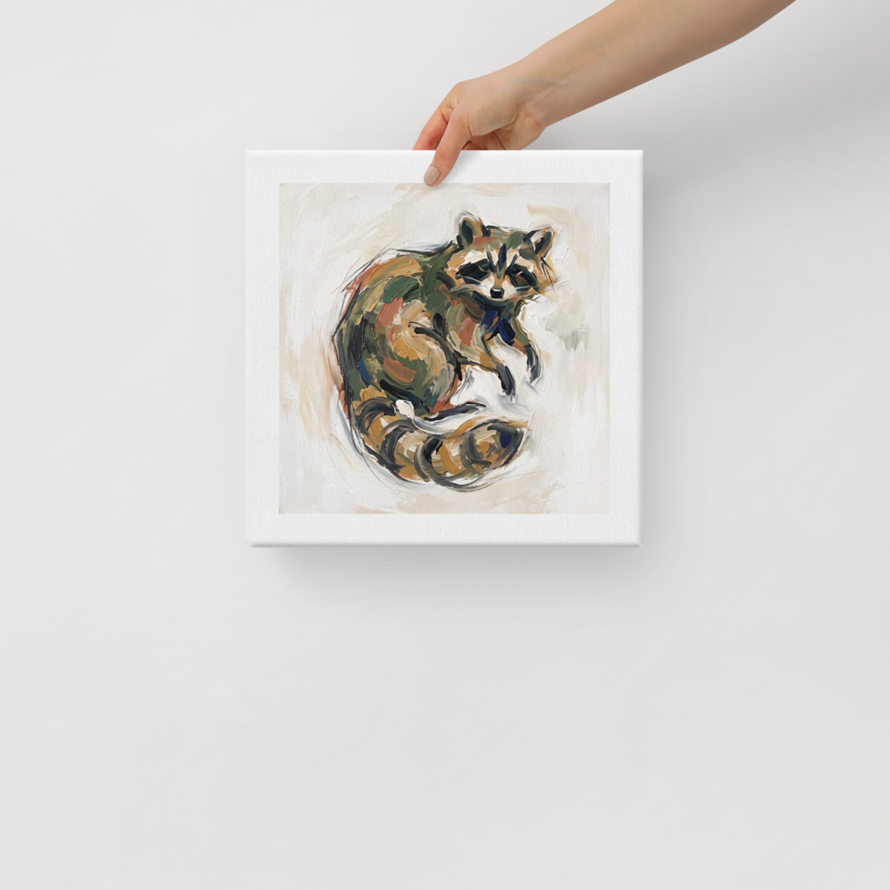 A calmness scene in dark olive green and tan, 'Tanuki Rest'. Impassioned oil painting of a curled Tanuki raccoon dog spirit in olive green and warm ochre tones for a bedroom or living room wall.
