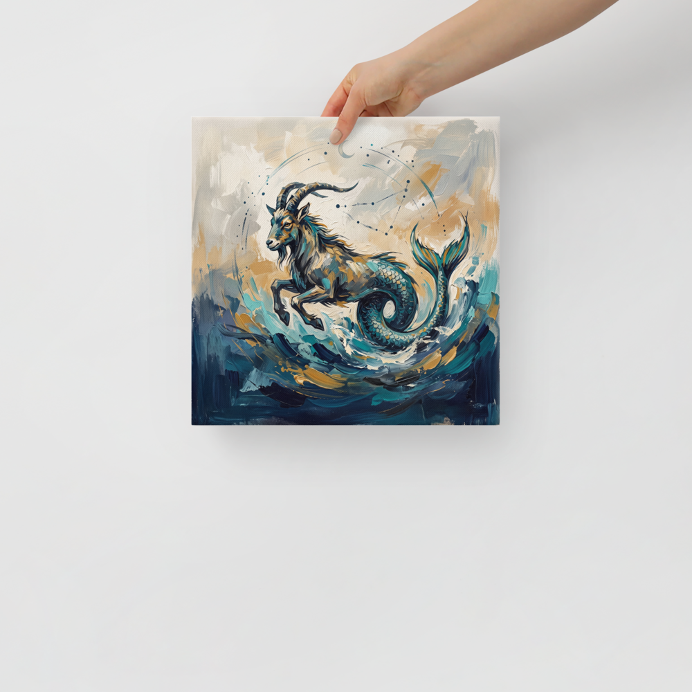 'Celestial Sea-Goat', a Symbolism wall art print. An impasto painting of the Capricorn sea goat jumping through ocean waves in a bedroom, featuring teal, deep navy, and gold brushstrokes.