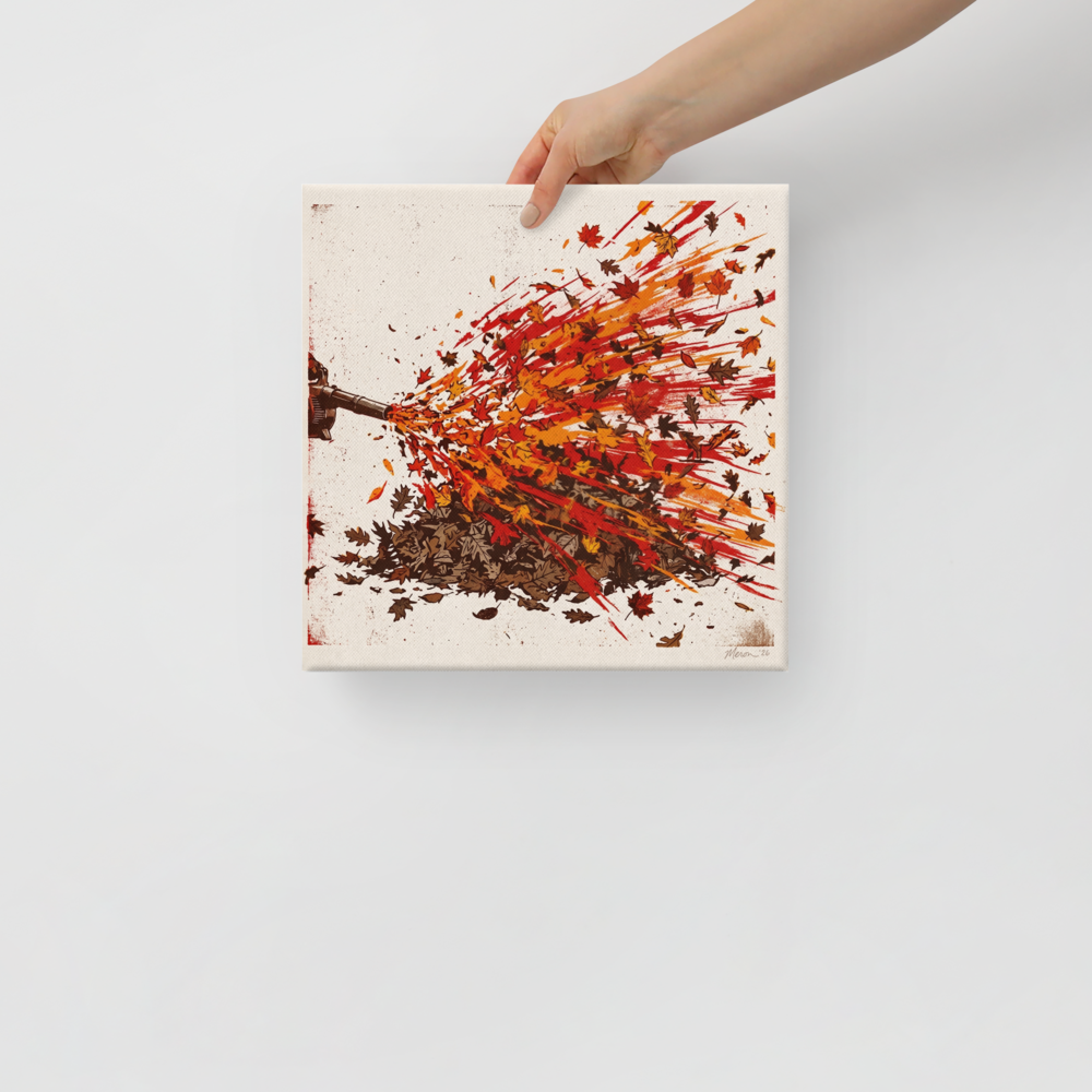 Wall art print 'Autumn Blast' in a Pop art style. A graphic art print of a leaf blower scattering autumn leaves in vibrant red and orange tones, perfect as hallway wall art.