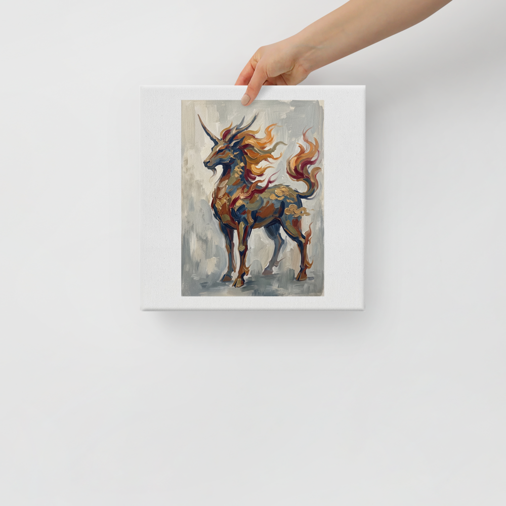 Wall art print 'Qilin's Majesty' in a Expressionism style. Impasto oil painting of the mythical Qilin with golden scales and fiery mane, ideal for a living room wall.