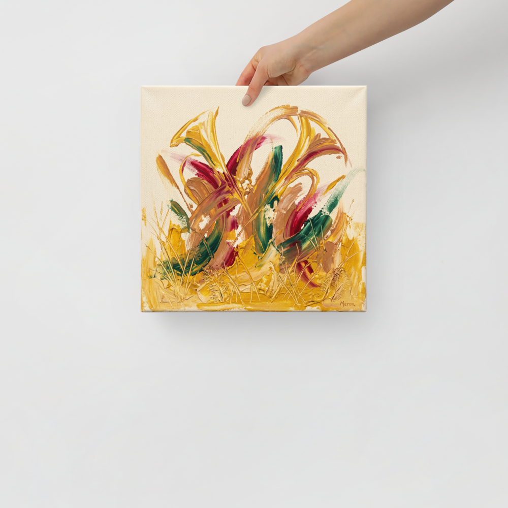 Abstract expressionism wall art exploring floral, 'Wild Flora in High Relief'. Thick impasto acrylic floral abstract painting with vibrant yellow crimson and green palette knife strokes in a sunroom wall art setting.