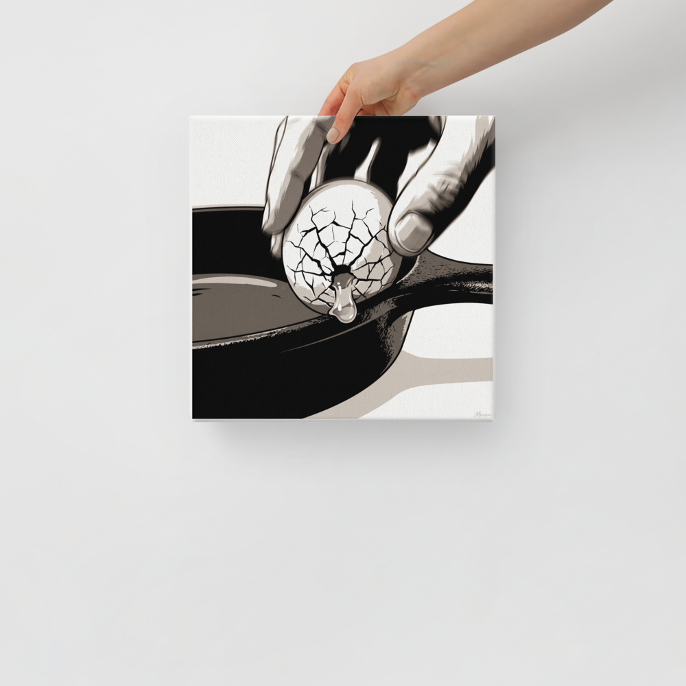 Wall art print 'Cracking the Shell' in a Pop art style. A high-contrast graphic pop art illustration of an egg cracking on a cast-iron skillet in a modern kitchen.