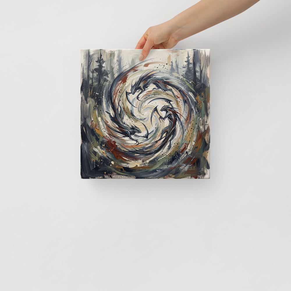 Swirling dynamic oil painting of Japanese sickle-weasel wind spirits (Kamaitachi) in a pine forest vortex for a living room wall. A chaotic piece titled 'Kamaitachi Whirlwind'.
