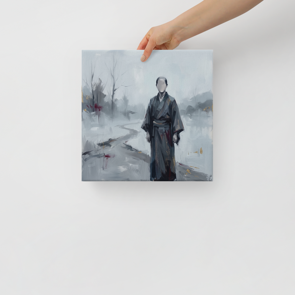 A mystical / mysterious scene in light slate gray and dark slate gray, 'The Faceless Wanderer'. A minimalist painting of a faceless figure in dark robes on a snowy path in a meditation room wall art layout.