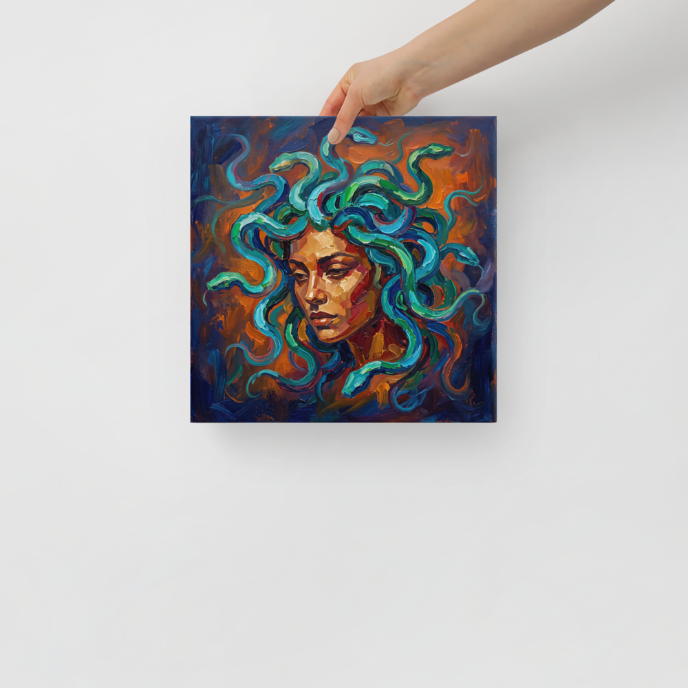 'Medusa's Gaze' by Meron. Expressionist impasto portrait of Medusa with vibrant blue and green serpents, perfect for a living room wall. A Expressionism wall art print.