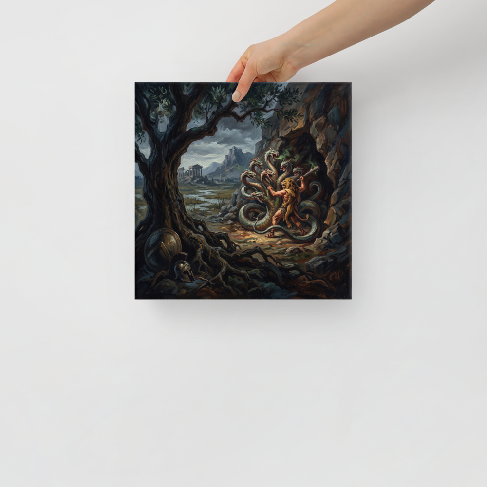 The Academic art print 'Hercules and the Hydra'. Classical oil painting of Hercules fighting the multi-headed Hydra serpent, ideal for a living room wall.