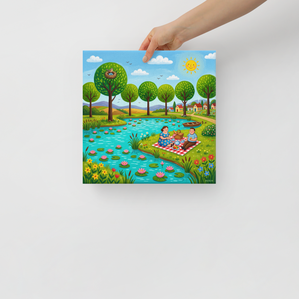 A amusement / humorous scene in green and sky blue, 'Lakeside Picnic'. Whimsical naive art print of a couple on a picnic blanket by a pond filled with water lilies, ideal for a nursery wall.