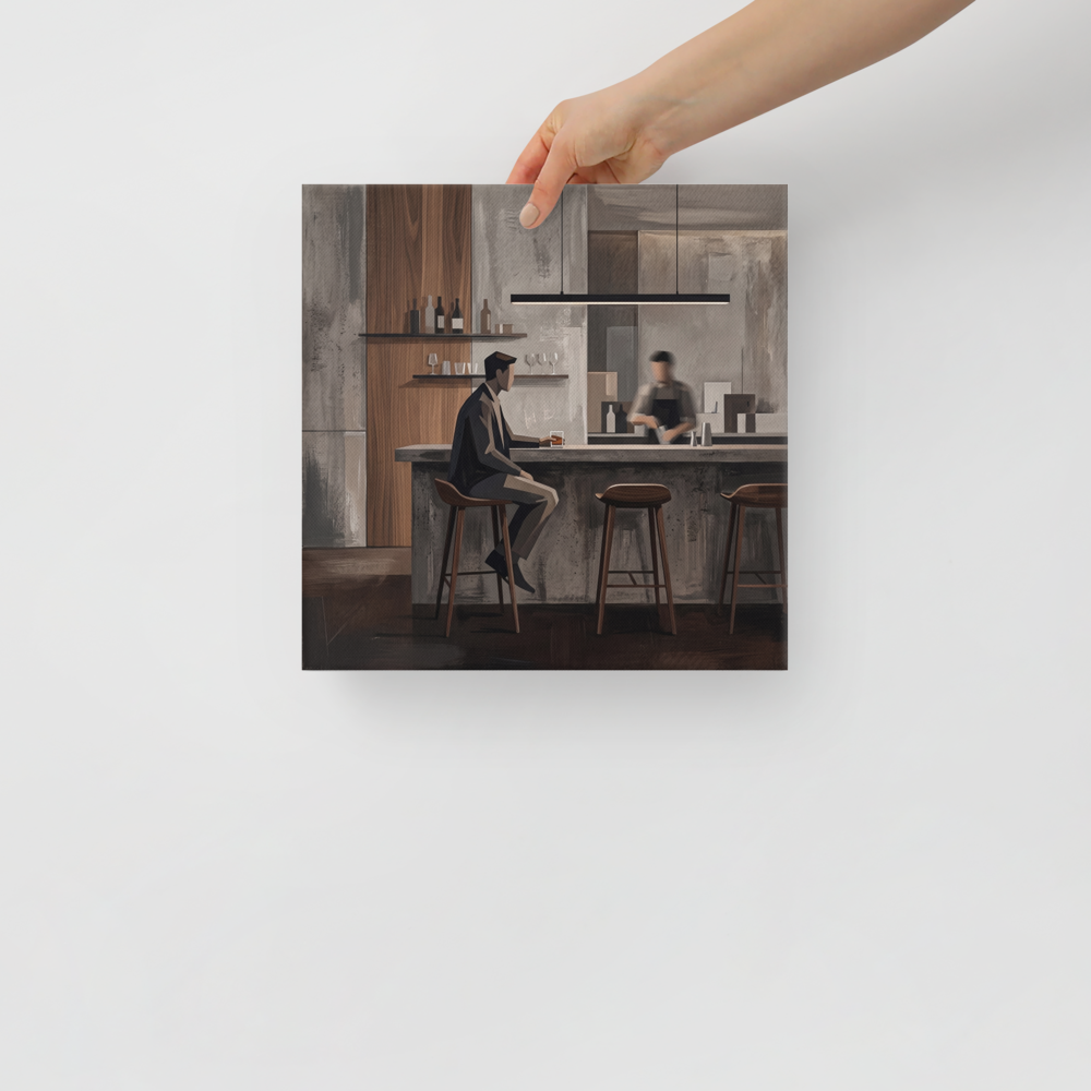 A Modernism oil painting depicting a gentleman sitting at a moody cocktail counter, perfect for a Cigar Lounge / Speakeasy. Available as the Modernism art print 'Solitude at the Concrete Bar'.