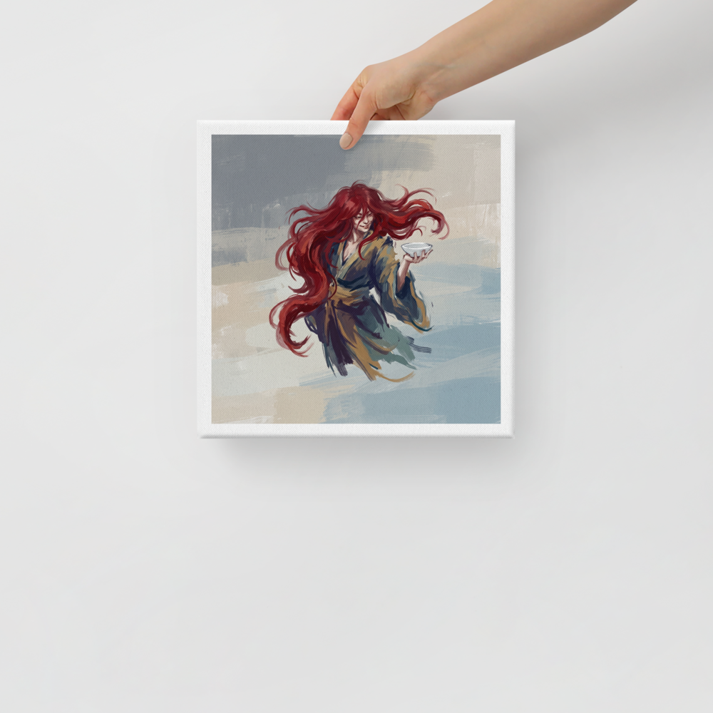 Digital oil painting of Japanese Shojo sea spirit with crimson hair holding a sake bowl for a dining room or home bar wall. A Expressionism art print titled 'Shojo Sake Offering'.