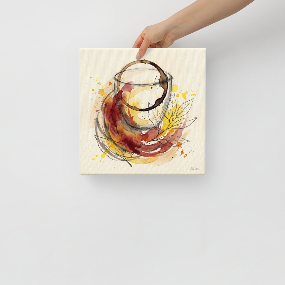 Watercolor illustration of a coffee stain ring, wine swirls, and botanical line art styled in a dining room. A Fine Art print with a watercolor painting look, titled 'Notes of Cabernet'.