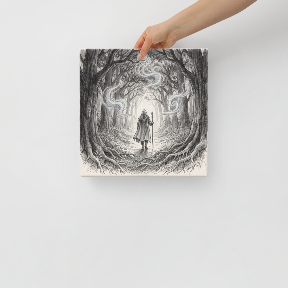 A mystical / mysterious scene in black and gray, 'Whispers of the Ancient Forest'. A monochrome graphite pencil sketch of a hooded wizard walking into a misty forest archway in a Bedroom decor setting.