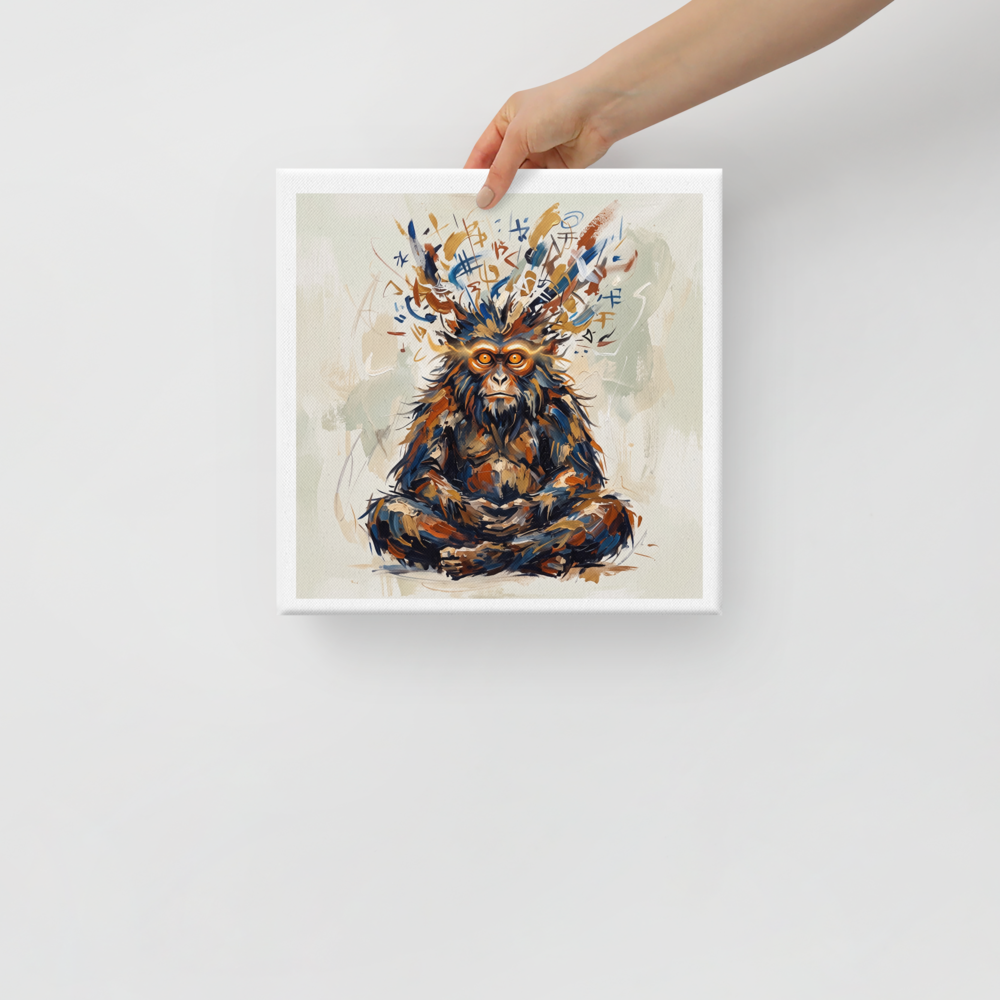 A spiritual scene in indigo and gold, 'Enlightened Monkey Sage'. Expressive oil painting of a meditative Monkey King in lotus pose with glowing golden eyes and calligraphy aura for a meditation room or office.