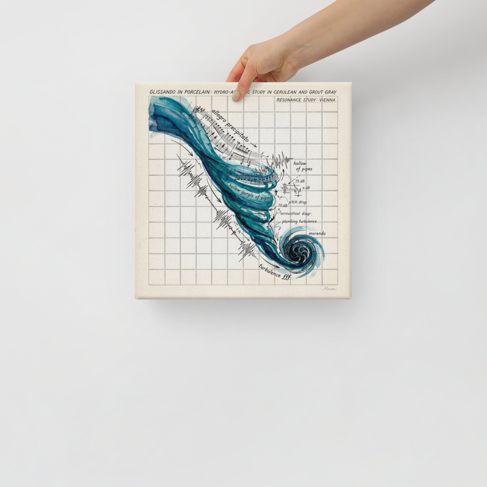 A humorous conceptual art print charting musical notations and teal plumbing turbulence on a grid, suited for a bathroom. 'Glissando in Porcelain', a Conceptual art print for the wall.