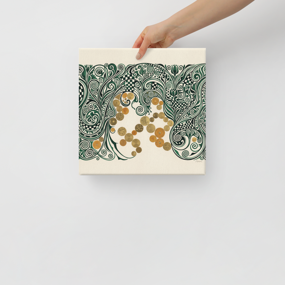 An intricate Art Nouveau arch of dark green vines and shimmering gold medallions, perfectly styled for an elegant living room. A Art Nouveau print with a gold ground look, titled 'The Gilded Arbor'.