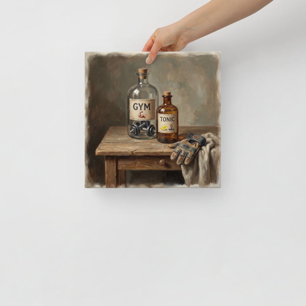 A amusement / humorous Academic art print, 'Gym and Tonic'. A classical still life oil painting of apothecary bottles labeled Gym and Tonic on a rustic table, ideal home gym wall art.