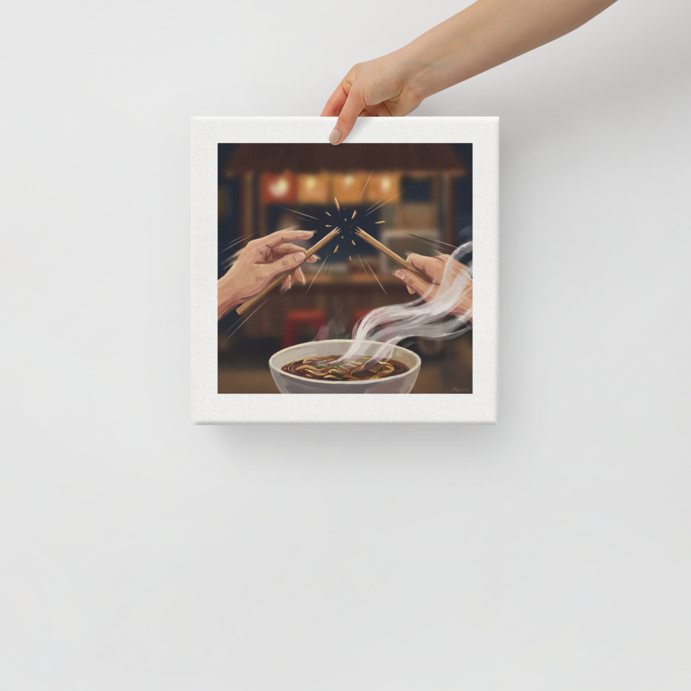 Hands snapping chopsticks in half above a steaming bowl of Japanese ramen noodles in a cozy kitchen. A Digital art print in saddle brown and tan, 'The Chopstick Snap'.