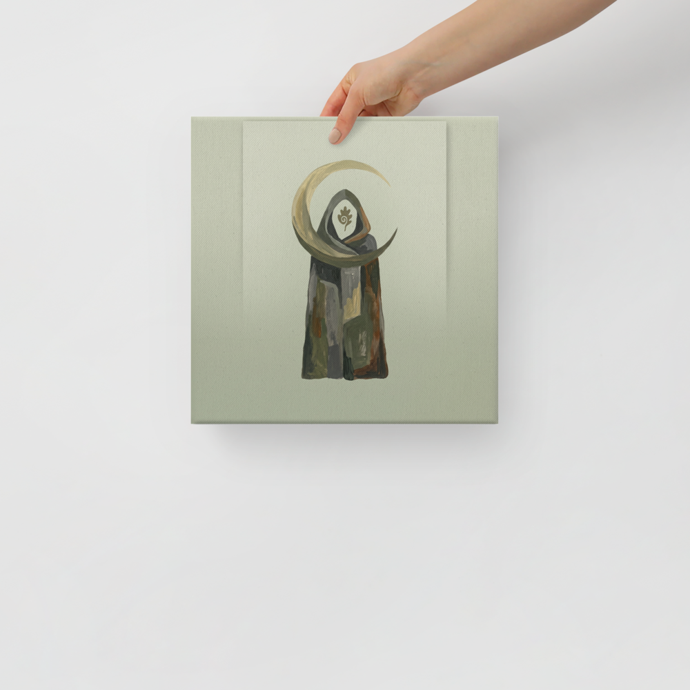 'The Druid Moon', a Folk art wall art print. Minimalist earthy painting of a hooded druid beneath a golden crescent moon, perfect for a meditation room wall.