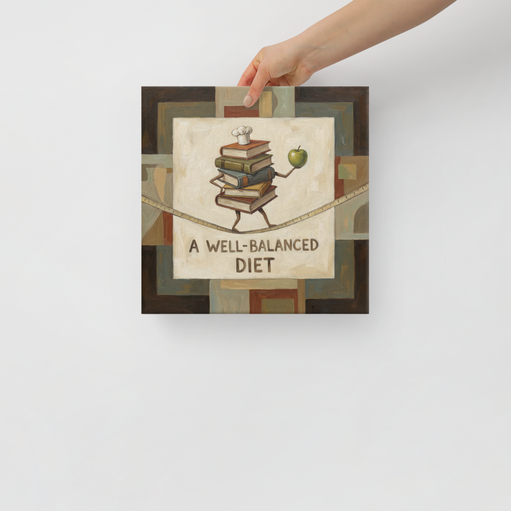 A humorous oil painting of stacked cookbooks holding a green apple while tightrope walking across a measuring tape in a modern kitchen. Shown here as the Surrealism print 'A Well-Balanced Diet'.