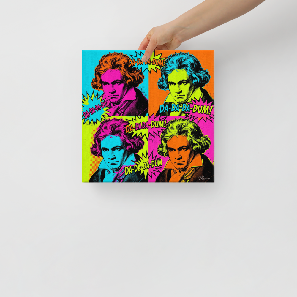 Pop art wall art exploring music, 'Beethoven in Technicolor'. A lively pop art portrait of Beethoven in four colorful quadrants with comic burst bubbles, perfect for an eclectic music studio.