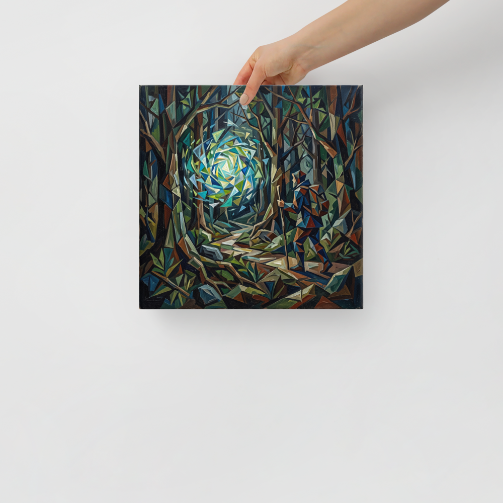 Cubism wall art, 'The Wanderer's Portal'. A Cubist painting of a traveler with a walking stick encountering a glowing geometric portal in a dark forest, ideal for Office wall decor.