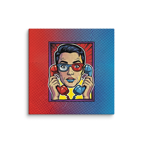 'Bipartisan Static' — a Pop art print. A pop art illustration of a confused woman wearing red and blue 3D glasses, holding a red telephone receiver to one ear and a blue one to the other, set against a red and blue halftone gradient, ideal for a Living Room.
