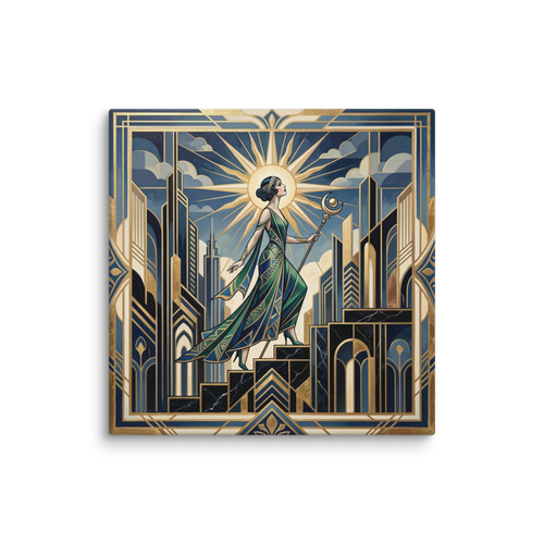 'Ascent of the Moon Goddess' — a Art Deco print. A majestic woman holding a moon staff ascends a geometric staircase in a golden city under a radiant sunburst, an empowering piece for a bedroom or studio.