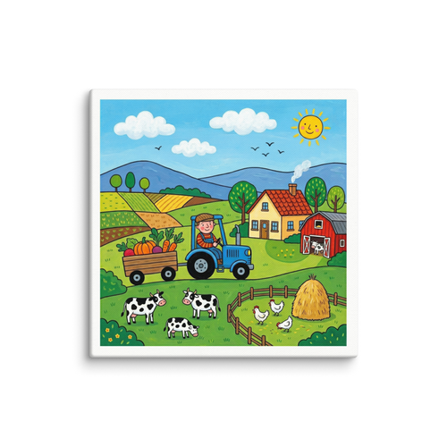 'A Day on the Farm' — a Naive art print. A smiling farmer on a blue tractor with giant vegetables in a green farm with cows, chickens, and a red barn, ideal for a bright kitchen.