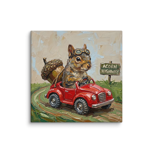 'Acorn Highway' — a Impressionism print. An impasto painting of a squirrel wearing goggles and driving a red toy car with a giant acorn, great for a playroom or nursery.