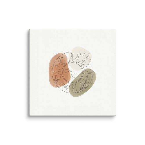 'Celestial Harmony' — a Minimalism print. Minimalist line drawing of a sun, moon, and leaves layered over soft earthy watercolor splotches, ideal for a serene bedroom.