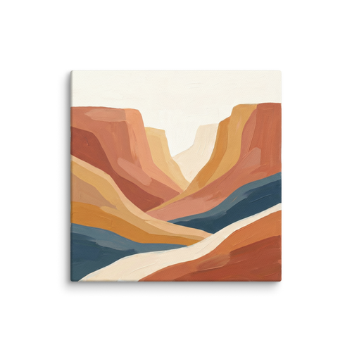 'Canyon River' — a Minimalism,American Scene Painting print. A minimalist landscape painting of a canyon featuring sweeping bands of terracotta, ochre, and a deep blue river against a white sky, suitable for a living room.