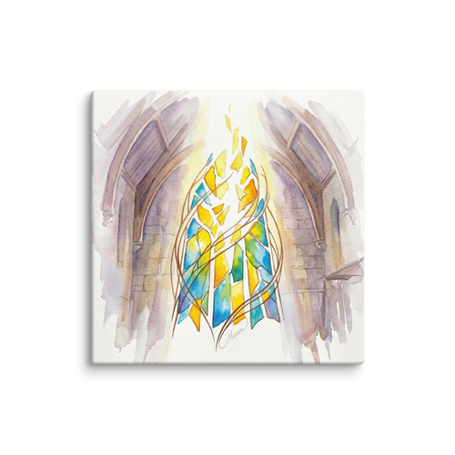 'Ascendant Light' — a Abstract art,Gothic art print. A luminous watercolor painting of shattered stained glass in yellow and blue swirling within a gothic stone archway, perfect for adding a peaceful touch to a living room.
