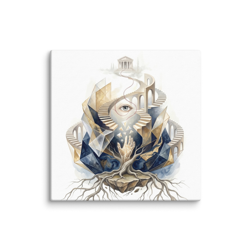 'Ascent to the Mind's Temple' — a Surrealism print. A surreal watercolor painting showing an eye, a glowing hand, and roots leading up a staircase to a classical temple, perfect for a Meditation Room.
