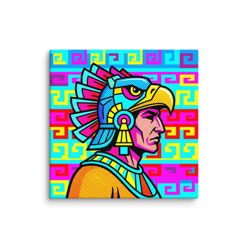 'Aztec Pop' — a Pop art print. A pop art style profile portrait of an Aztec eagle warrior in bright cyan, magenta, and yellow with halftone dots against a geometric background, perfect for a Living Room.