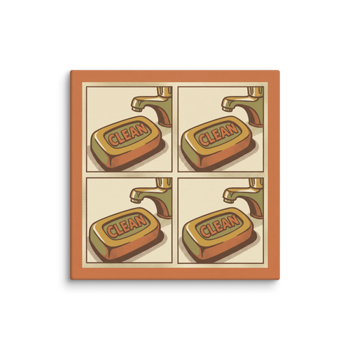'Clean Repetition' — a Pop art print. A pop art style 2x2 grid showing a bar of soap labeled CLEAN under a faucet in muted brown, orange, and green tones, perfect for a Bathroom.