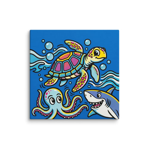 'Comic Aquatic Trio' — a Pop art print. Comic-style pop art featuring a smiling shark, colorful turtle, and spotted octopus against a bright blue background, excellent for a Bathroom or Playroom.