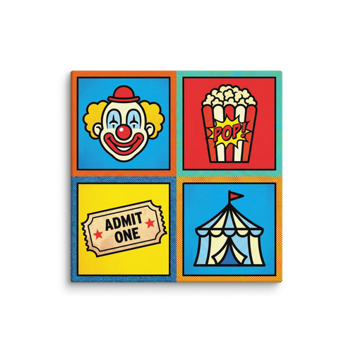 'Circus Quadrant' — a Pop art print. A four-panel pop art grid featuring a clown, popcorn, a ticket, and a circus tent in bright primary colors, ideal for a Home Theater.