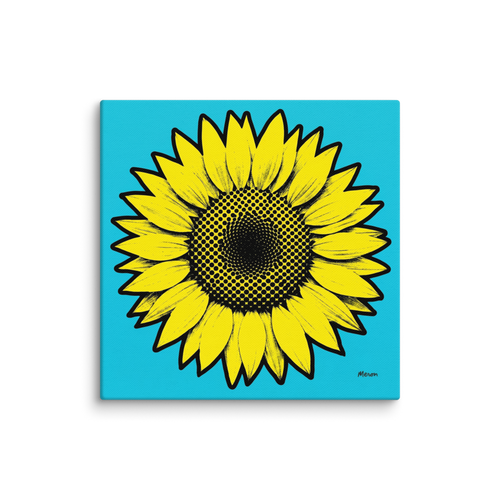 'Cyan Sunflower' — a Pop art print. A graphic pop art illustration of a bright yellow sunflower with halftone dot center on a cyan background, perfect for a cheerful sunroom.