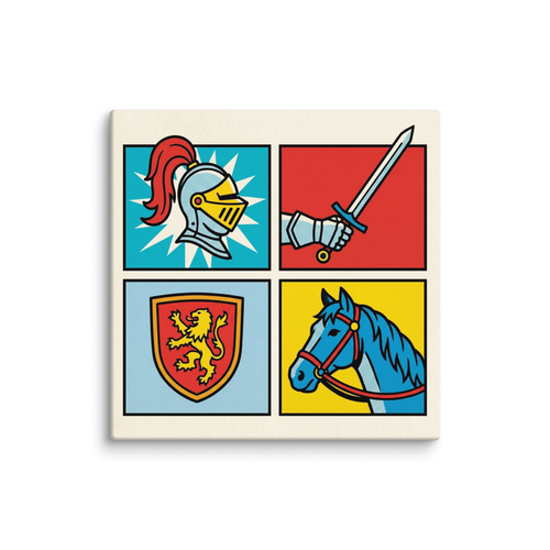 'Chivalric Pop Grid' — a Pop art print. A four-panel pop art illustration featuring a knight's helmet, an armored hand with a sword, a lion crest shield, and a horse, rendered in bright primary colors with halftone dots.