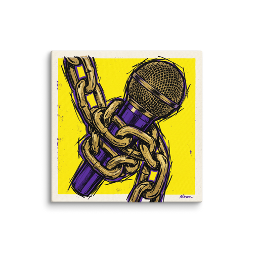 'Chained Mic' — a Pop art print. A bold pop art illustration of a purple microphone wrapped in a gold chain against a bright yellow background, ideal for a music studio.