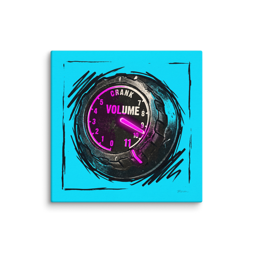 'Crank to Eleven' — a Pop art print. An edgy pop art illustration of a glowing pink volume knob cranked to eleven against a cyan background, perfect for a music studio.