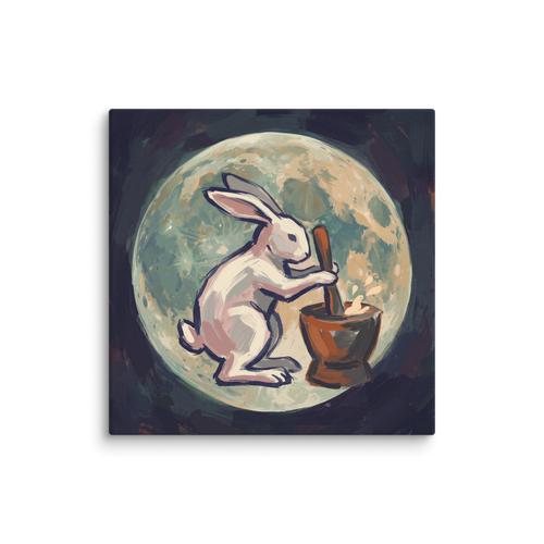 'Alchemist Moon Rabbit', Folk art wall art in misty rose and midnight blue. Whimsical painterly print of the Moon Rabbit pounding elixir before a full moon, ideal for a bedroom wall.