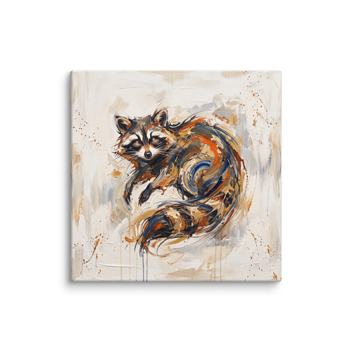 Expressive impasto oil painting of Azeban raccoon spirit in rust orange and slate blue tones for a living room wall. A Expressionism art print titled 'Azeban the Mischievous'.